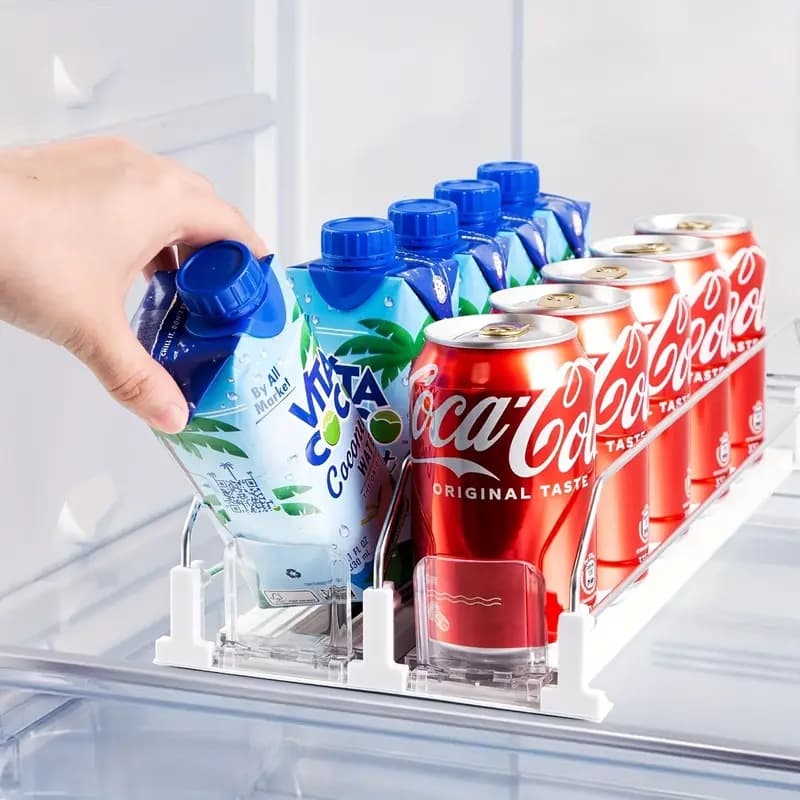 Clear fridge organizer presenting drink cans and cartons in orderly rows