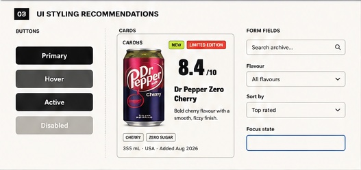 Hell Yeah Diet Sodas UI styling recommendations for buttons, cards, and form fields
